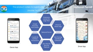 National Permit
National Permit
Enterprise
version for
large fleet
Driver &
Owner App
Geo Fencing
and Route
Calibration
Doc share &
Security
Features
E-wallet &
Cashless
Transactions
Crowd
Sourcing
from Drivers
Owner App
Driver App
The product caters to logistics/Transportation sector
(Mobile Technology)
 
