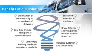 Benefits of our solution
Driver Behavior
analytics provide
reduced accidents
& fuel costs
Increased customer
satisfaction index
Real Time tracking
helps prevent
delay in deliveries
Fuel Savings;
Adhering to safety &
compliance standards
Substantial
reduction in
manhours
Optimization of
routes resulting in
reduced cost of
deliveries
 