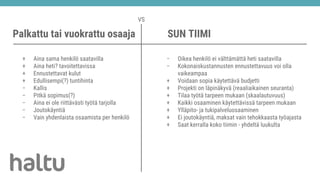 Palkattu tai vuokrattu osaaja
+ Aina sama henkilö saatavilla
+ Aina heti? tavoitettavissa
+ Ennustettavat kulut
+ Edullisempi(?) tuntihinta
− Kallis
− Pitkä sopimus(?)
− Aina ei ole riittävästi työtä tarjolla
− Joutokäyntiä
− Vain yhdenlaista osaamista per henkilö
− Oikea henkilö ei välttämättä heti saatavilla
− Kokonaiskustannusten ennustettavuus voi olla
vaikeampaa
+ Voidaan sopia käytettävä budjetti
+ Projekti on läpinäkyvä (reaaliaikainen seuranta)
+ Tilaa työtä tarpeen mukaan (skaalautuvuus)
+ Kaikki osaaminen käytettävissä tarpeen mukaan
+ Ylläpito- ja tukipalveluosaaminen
+ Ei joutokäyntiä, maksat vain tehokkaasta työajasta
+ Saat kerralla koko tiimin - yhdeltä luukulta
SUN TIIMI
VS
 