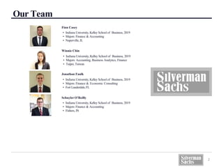 Our Team
Finn Casey
• Indiana University, Kelley School of Business, 2019
• Majors: Finance & Accounting
• Naperville, IL
Winnie Chin
• Indiana University, Kelley School of Business, 2019
• Majors: Accounting, Business Analytics, Finance
• Taipei, Taiwan
Jonathan Faulk
• Indiana University, Kelley School of Business, 2019
• Majors: Finance & Economic Consulting
• Fort Lauderdale,FL
Schuyler O’Reilly
• Indiana University, Kelley School of Business, 2019
• Majors: Finance & Accounting
• Fishers, IN
2
 