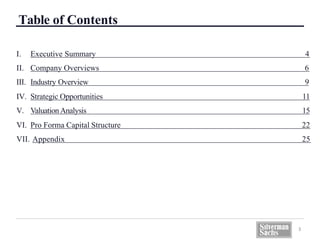 Table of Contents
3
I. Executive Summary 4
II. Company Overviews 6
III. Industry Overview 9
IV. Strategic Opportunities 11
V. ValuationAnalysis 15
VI. Pro Forma Capital Structure 22
VII. Appendix 25
 