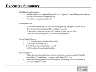 Executive Summary
5
AMN Healthcare Positioning
• AMN healthcare is a leader in Managed Service Programs, Vendor Management Systems,
and in Recruitment Process Outsourcing
• Top-ranked executive search firm
Industry Overview
• The Healthcare Industry has been consistently growing in the past decades due to
Baby boomers’ increasing need for healthcare services
• In the future, Healthcare sector will continue to gain market share
• There is a increasing growth in healthcare employment
Current Capital Structure
• $275.0 million Revolving Credit Facilities
• $150.0 million Term Loan A
• $75.0 million Incremental Term Loan A
• $500.0 million Senior Credit Facilities
Recommendation
• Taking the current capital structure into consideration, we recommend to fund the
acquisition of Cross Country Healthcare with about 100% Debt
• We recommend to proceed debt financing with the existing revolver, term loan A
accordion and term loan B.
 