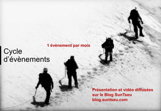 1 évènement par mois

Cycle
d’évènements

Présentation et vidéo diffusées
sur le Blog SunTseu
blog.suntseu.com

 