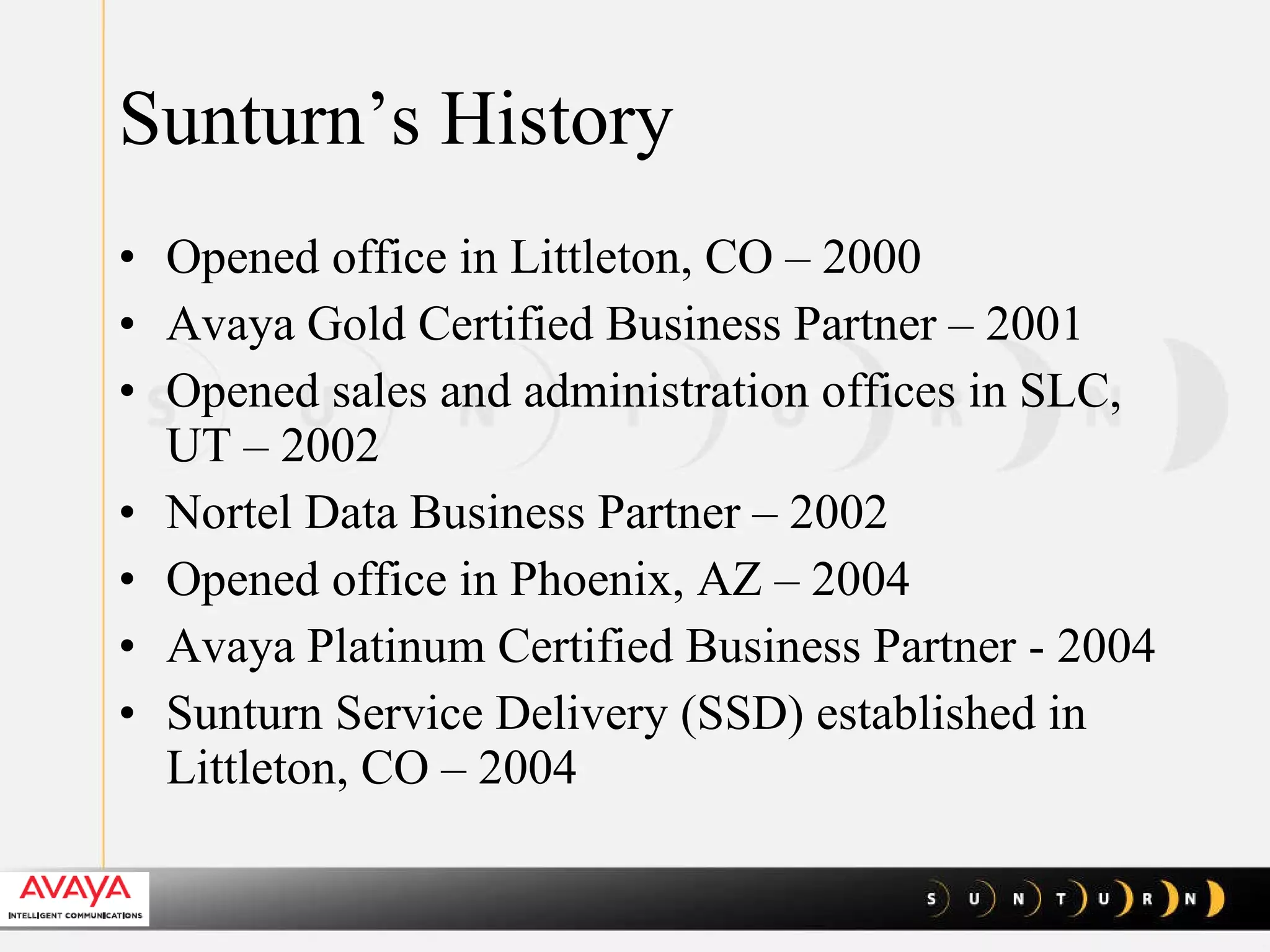 Sunturn’s History Opened office in Littleton, CO – 2000 Avaya Gold Certified Business Partner – 2001 Opened sales and administration offices in SLC, UT – 2002 Nortel Data Business Partner – 2002 Opened office in Phoenix, AZ – 2004 Avaya Platinum Certified Business Partner - 2004 Sunturn Service Delivery (SSD) established in Littleton, CO – 2004 
