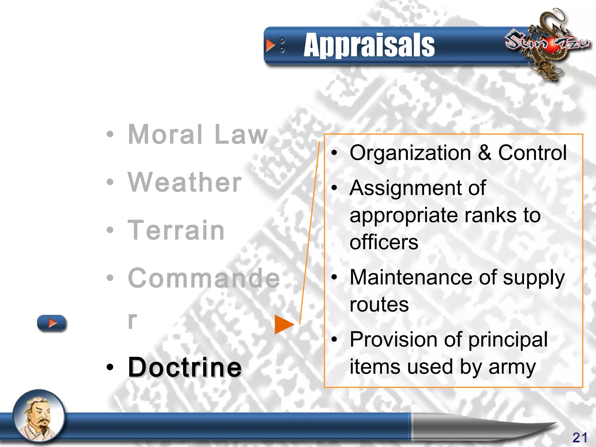 Appraisals

• Moral Law
                • Organization & Control
• Weather       • Assignment of
                  appropriate ranks to
• Terrain         officers
• Commande      • Maintenance of supply
                  routes
 r
                • Provision of principal
• Doctrine        items used by army


                                           21
 