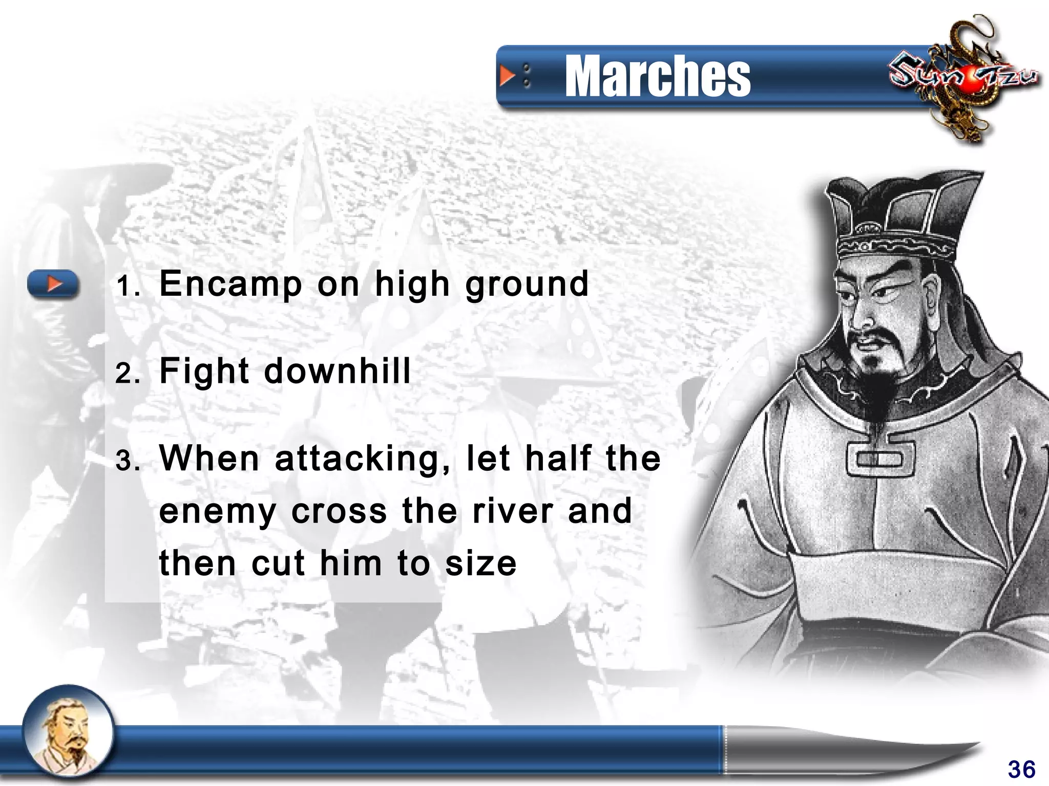 Marches


1.   Encamp on high ground

2.   Fight downhill

3.   When attacking, let half the
     enemy cross the river and
     then cut him to size




                                     36
 