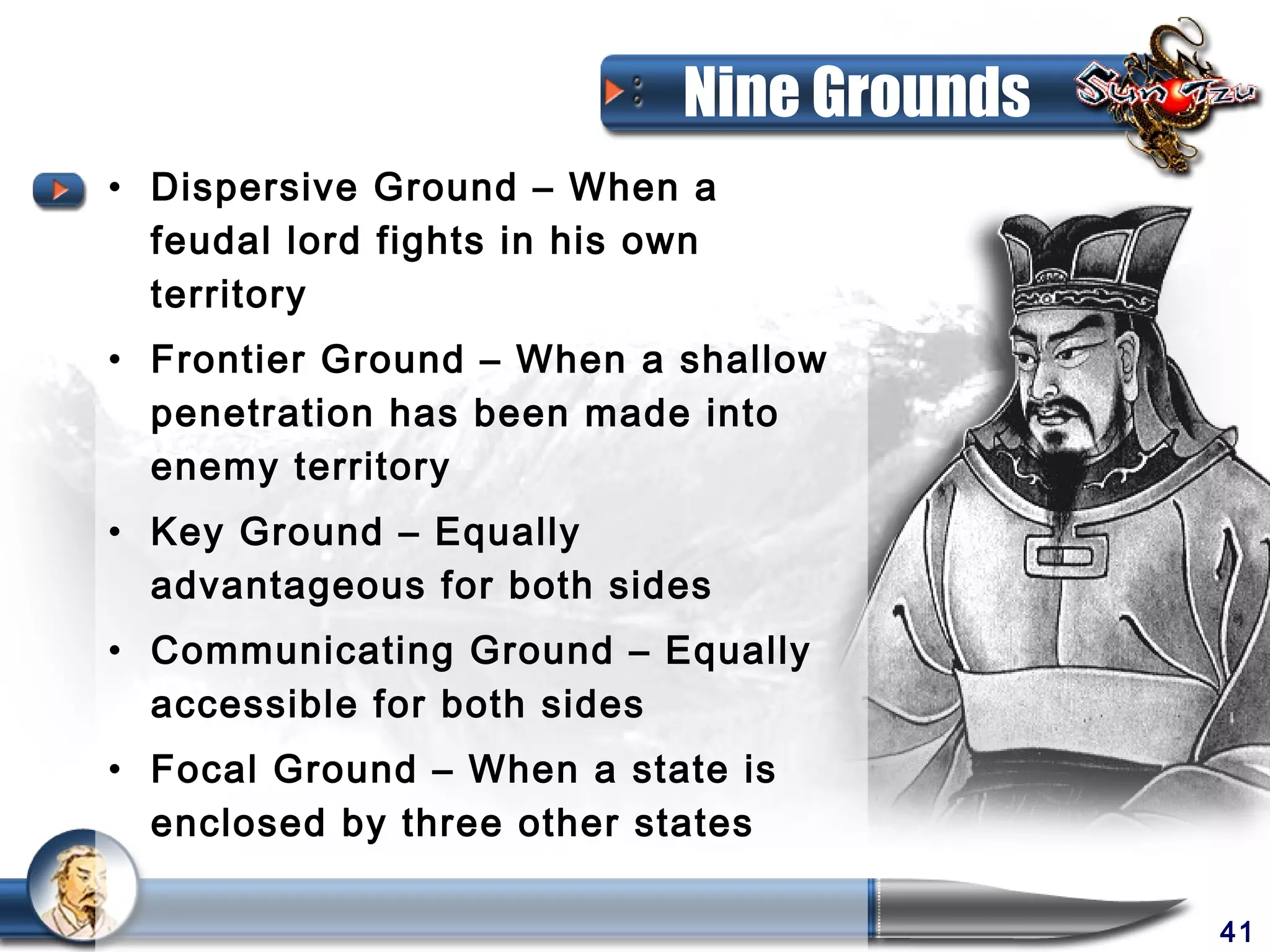 Nine Grounds
• Dispersive Ground – When a
  feudal lord fights in his own
  territory
• Frontier Ground – When a shallow
  penetration has been made into
  enemy territory
• Key Ground – Equally
  advantageous for both sides
• Communicating Ground – Equally
  accessible for both sides
• Focal Ground – When a state is
  enclosed by three other states

                                            41
 