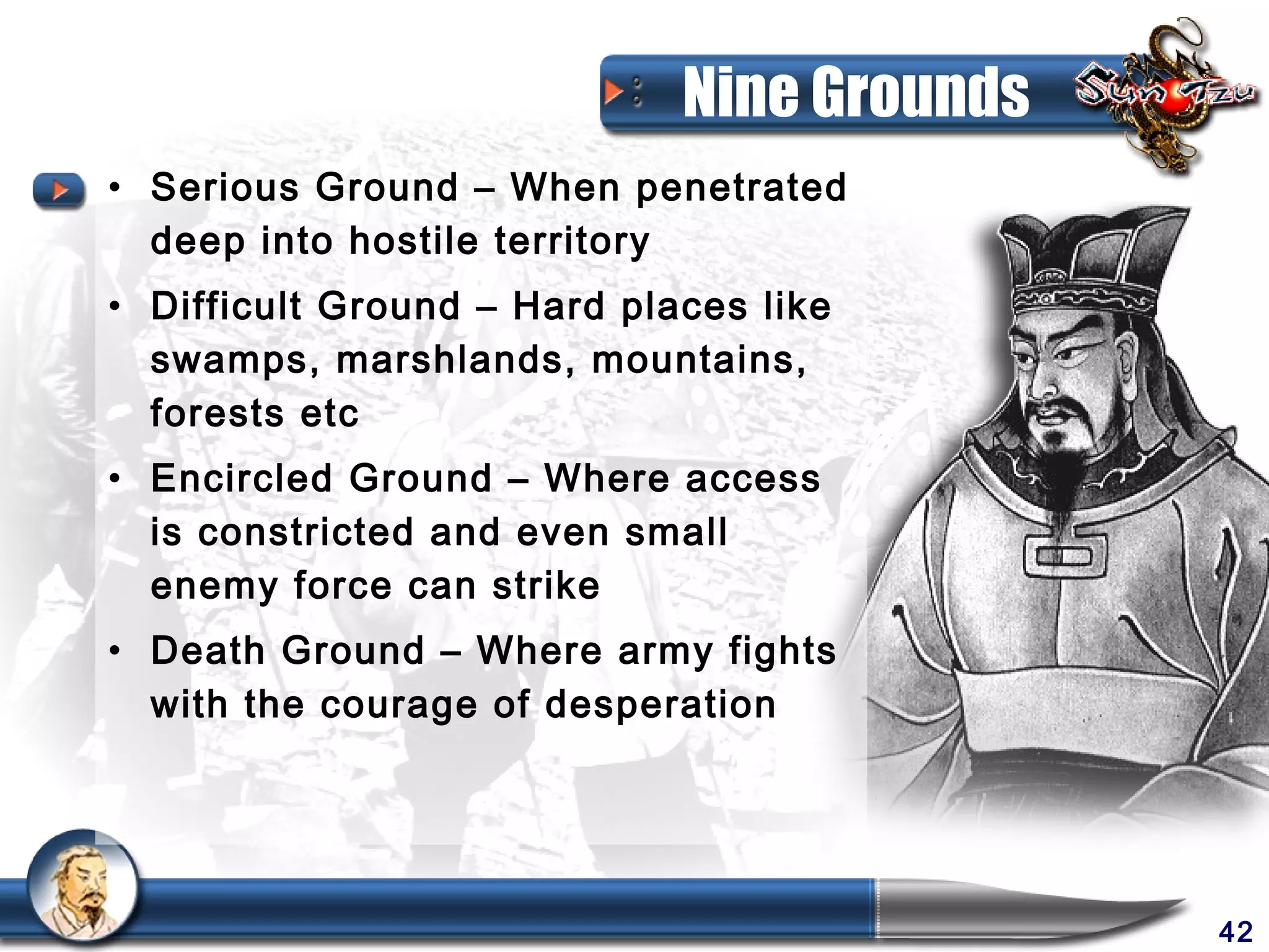 Nine Grounds
• Serious Ground – When penetrated
  deep into hostile territory
• Difficult Ground – Hard places like
  swamps, marshlands, mountains,
  forests etc
• Encircled Ground – Where access
  is constricted and even small
  enemy force can strike
• Death Ground – Where army fights
  with the courage of desperation




                                            42
 