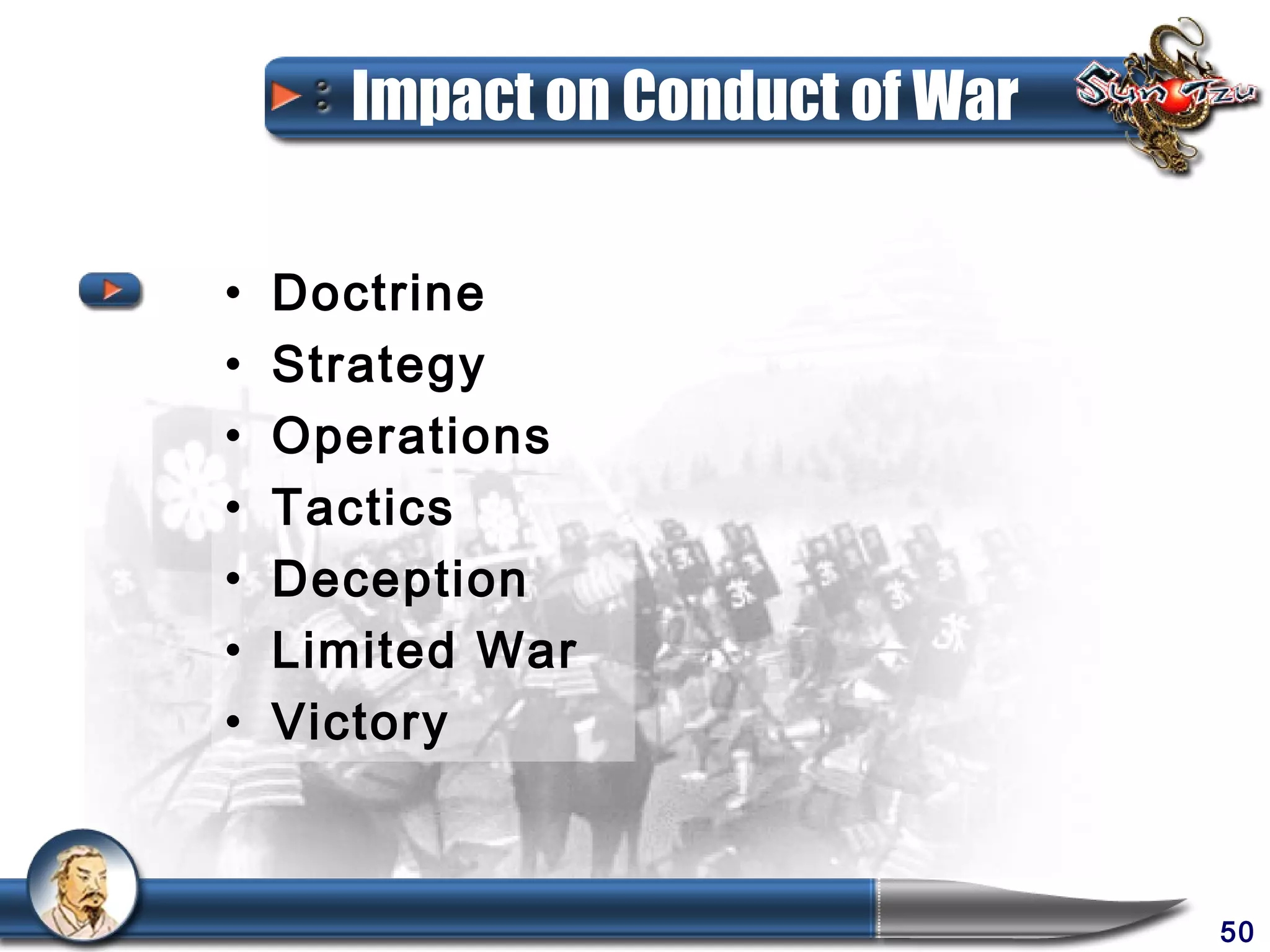 Impact on Conduct of War

•   Doctrine
•   Strategy
•   Operations
•   Tactics
•   Deception
•   Limited War
•   Victory



                                 50
 