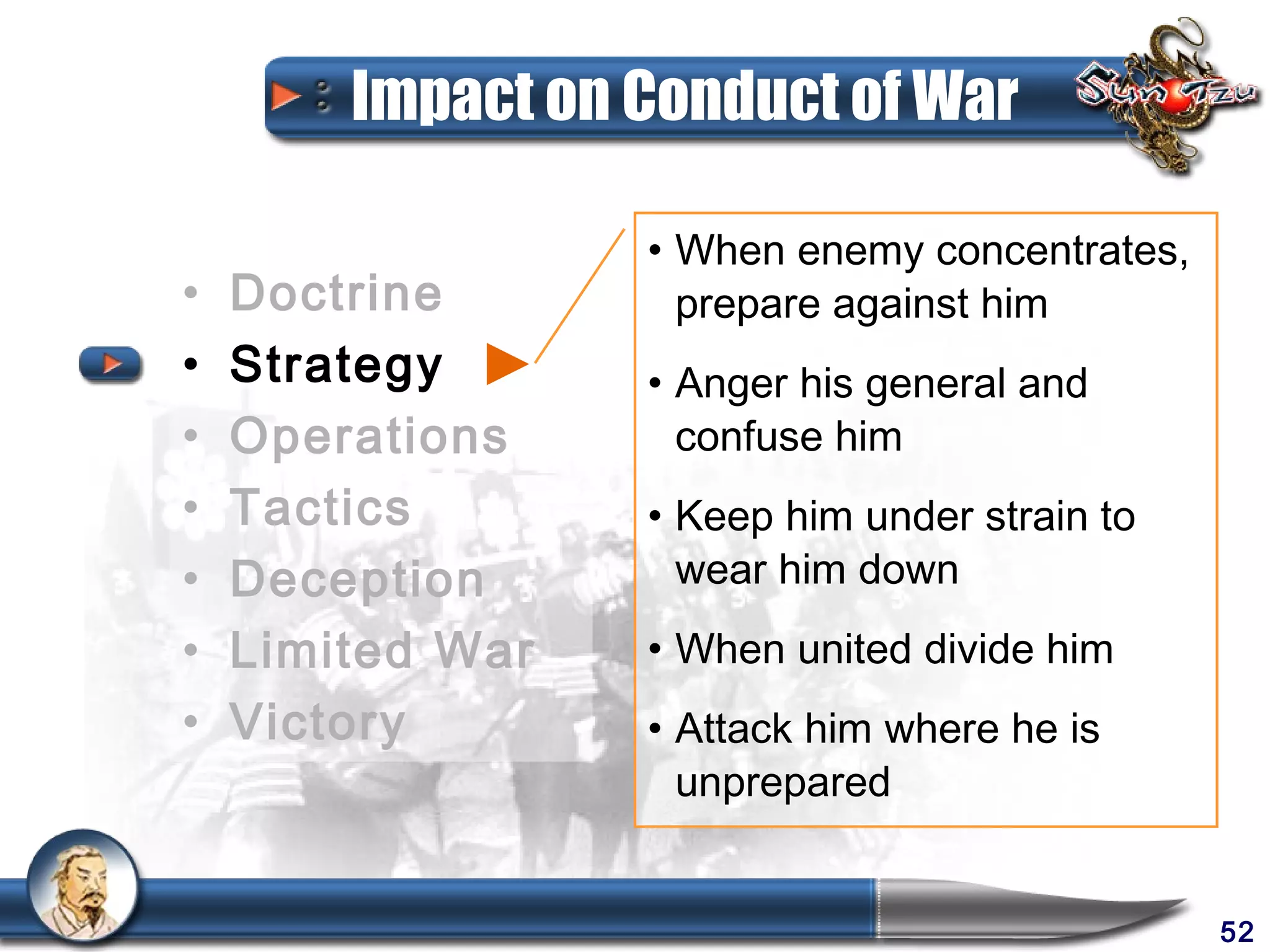 Impact on Conduct of War

                  • When enemy concentrates,
•   Doctrine        prepare against him
•   Strategy      • Anger his general and
•   Operations      confuse him
•   Tactics       • Keep him under strain to
•   Deception       wear him down
•   Limited War   • When united divide him
•   Victory       • Attack him where he is
                    unprepared


                                               52
 