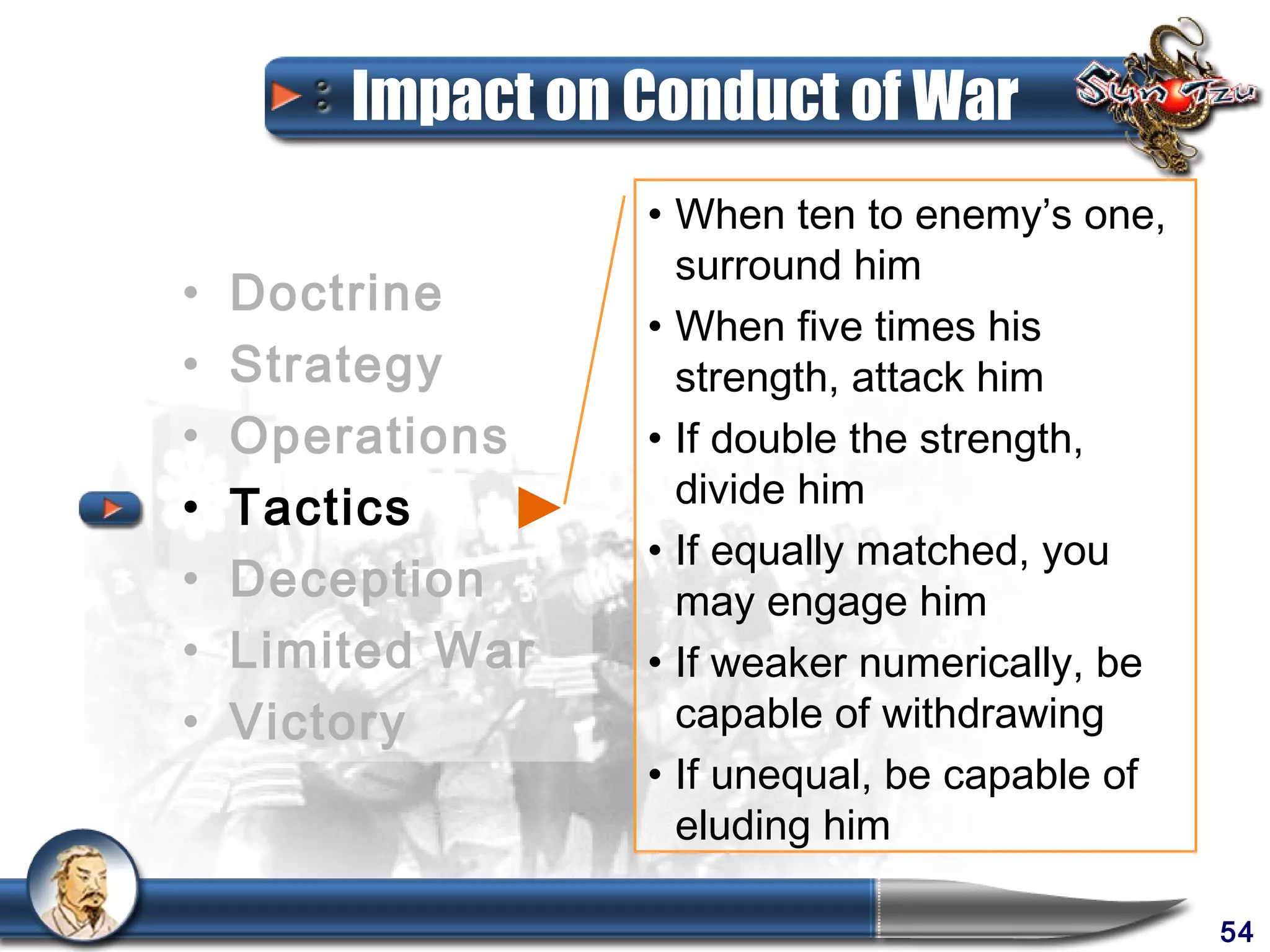 Impact on Conduct of War
                  • When ten to enemy’s one,
                    surround him
•   Doctrine
                  • When five times his
•   Strategy        strength, attack him
•   Operations    • If double the strength,
•   Tactics         divide him
                  • If equally matched, you
•   Deception       may engage him
•   Limited War   • If weaker numerically, be
•   Victory         capable of withdrawing
                  • If unequal, be capable of
                    eluding him

                                                54
 