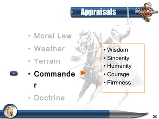 Appraisals

• Moral Law
• Weather           • Wisdom
                    • Sincerity
• Terrain
                    • Humanity
• Commande          • Courage
                    • Firmness
 r
• Doctrine

                                  20
 