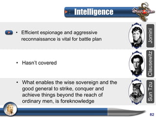 Intelligence




                                            Jomini
• Efficient espionage and aggressive
  reconnaissance is vital for battle plan




                                            Clausewitz
• Hasn’t covered


• What enables the wise sovereign and the




                                            Sun Tzu
  good general to strike, conquer and
  achieve things beyond the reach of
  ordinary men, is foreknowledge

                                                 82
 