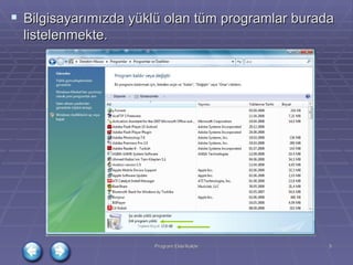 Bilgisayarımızda yüklü olan tüm programlar burada listelenmekte. 