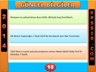 Dünyanın en yüksek binası Burç Halife. (Birleşik Arap Emirlikleri).

AB dönem başkanlığını 1 Ocak 2014'de devralacak olan ülke Yunanistan

2023 Mars'a insanlı yolculuk projesinin mimarı Nobel ödüllü fizikçi Prof Dr
Gerardus 't Hooft.

15

 