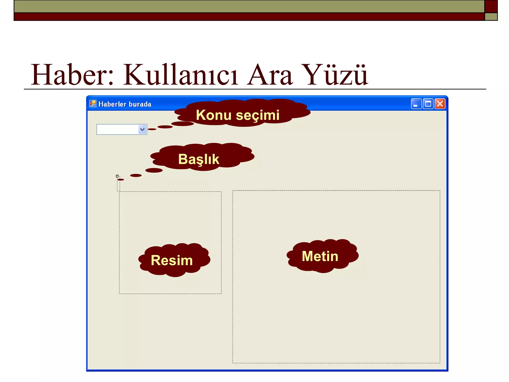 Haber: Kullanıcı Ara Yüzü
Konu seçimi
Başlık
Resim Metin
 