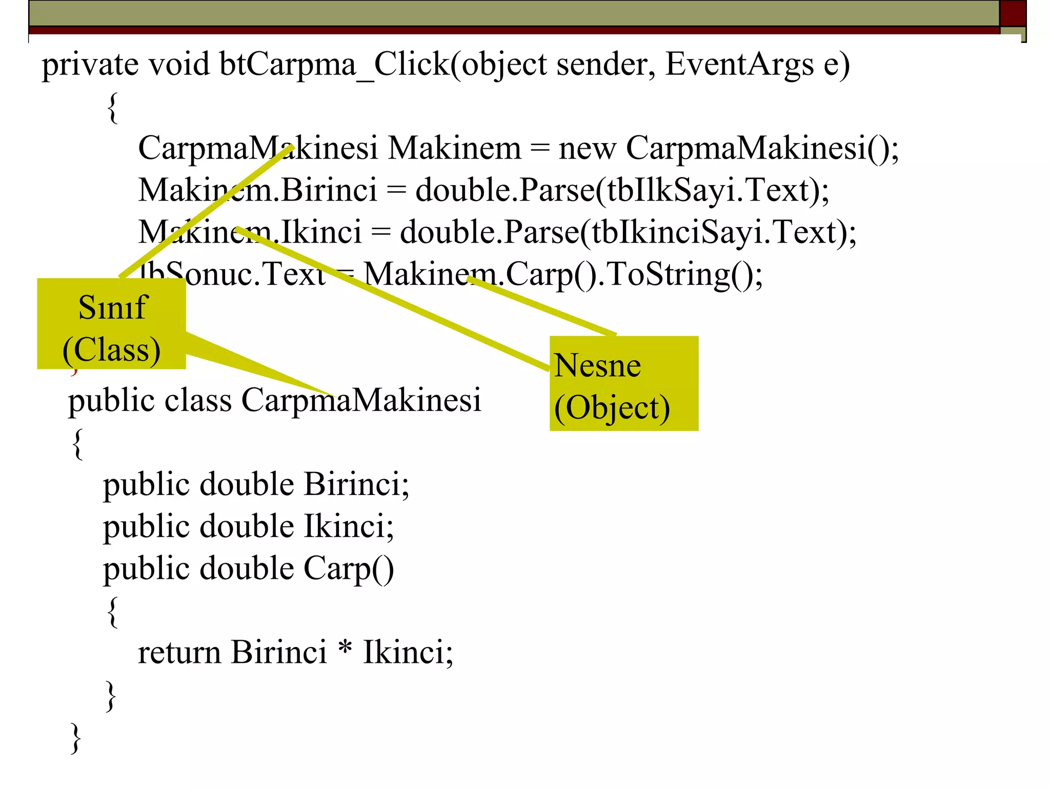private void btCarpma_Click(object sender, EventArgs e)
{
CarpmaMakinesi Makinem = new CarpmaMakinesi();
Makinem.Birinci = double.Parse(tbIlkSayi.Text);
Makinem.Ikinci = double.Parse(tbIkinciSayi.Text);
lbSonuc.Text = Makinem.Carp().ToString();
}
}
public class CarpmaMakinesi
{
public double Birinci;
public double Ikinci;
public double Carp()
{
return Birinci * Ikinci;
}
}
Sınıf
(Class) Nesne
(Object)
 