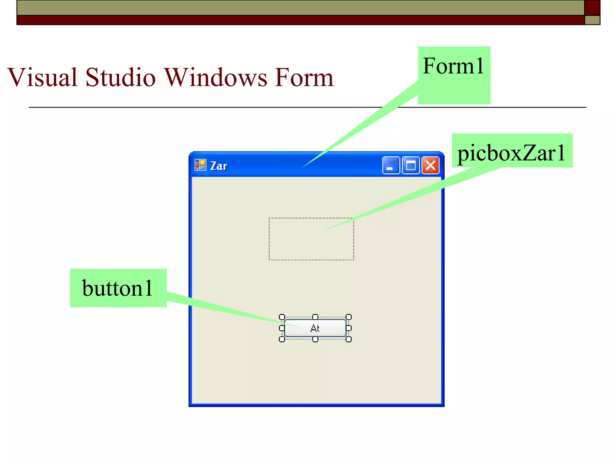 Visual Studio Windows Form Form1
button1
picboxZar1
 