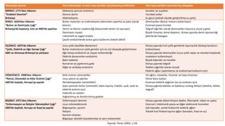 Kaynak: Perez (2002, s.14)
Teknolojik devrim Yeni teknolojiler ve yeni veya yeniden tanımlanmış endüstriler Yeni veya yeniden tanımlanmış altyapılar
BİRİNCİ: 1771’den itibaren
“Endüstri Devrimi”
Britanya
Mekanize pamuk endüstrisi
Dövme demir
Makineleşme
Kanallar ve suyolları
Turnikeli yollar
Su gücü (yüksek ölçüde geliştirilmiş su çarkı)
İKİNCİ: 1829’dan itibaren
“Buhar ve Demiryolu Çağı”
Britanya’da başlama, kıta ve ABD’de yayılma
Buhar motorları ve makineleşme (demirden yapılma ve yakıt olarak
kömür)
Demir ve kömür madenciliği (büyümede temel rol oynuyor)
Demiryolu inşaatı
Lokomotif ve vagon imalatı
Çeşitli endüstrilerde buhar gücü kullanımı (tekstil dâhil)
Demiryolları (Buhar motoru kullanılıyor)
Evrensel posta hizmeti
Telgraf (ağırlıklı olarak demiryolları boyunca ulusal çapta)
Büyük limanlar, ikmal depoları, dünya çapında deniz taşımacılığı
Şehirlerde havagazı
ÜÇÜNCÜ: 1875’de itibaren
“Çelik, Elektrik ve Ağır Sanayi Çağı”
ABD ve Almanya Britanya’ya yetişiyor
Ucuz çelik (özellikle Bessemer)
Buhar motorlarının çelik gemiler için en üst düzeyde geliştirilmesi
Ağır kimya endüstrisi ve inşaat mühendisliği
Elektrik donanımları endüstrisi
Bakır kablolar
Konserve ve şişelenmiş gıda
Kâğıt ve ambalaj endüstrisi
Dünya çapında hızlı çelik gemilerle taşımacılık (Süveyş kanalının
kullanılması)
Dünya çapında demiryolları (ucuz çelik raylar ve standart boylarda
cıvataların kullanılması)
Büyük köprüler ve tüneller
Dünya çapında telgraf
Telefon (ağırlıklı olarak ulusal)
Elektrik ağları (aydınlatma ve endüstriyel kullanım için)
DÖRDÜNCÜ: 1908’den itibaren
“Petrol, Otomobil ve Kitle Üretimi Çağı”
ABD’de başladı, Avrupa’ya yayıldı
Kitle üretimi otomobiller
Ucuz petrol ve yakıtlar
Petrokimyasallar (sentetikler)
İçten yanmalı motor (otomobil, toplu taşıma, traktör, uçak, tank ve
elektrik üretimi için)
Elektrikli ev aletleri
Soğutulmuş ve dondurulmuş gıdalar
Yol ağları, otoyollar, limanlar ve hava limanları
Petrol boru hatları
Evrensel elektrik dağıtımı (ev ve endüstri için)
Dünya çağında kablolu ve kablosuz analog iletişim (telefon, teleks,
telgraf)
BEŞİNCİ: 1971’den itibaren
“Enformasyon ve İletişim Teknolojileri Çağı”
ABD’de başladı, Avrupa ve Asya’ya yayıldı
Enformasyon devrimi
Ucuz mikroelektronik
Bilgisayarlar, yazılım
İletişim
Kontrol cihazları
Bilgisayar destekli biyoteknoloji ve yeni malzemeler
Dünya çapında dijital iletişim (kablo, fiberoptik, radyo ve uydu)
İnternet / elektronik posta ve diğer elektronik hizmetler
Çok kaynaklı, esnek kullanımlı elektrik ağları
Yüksek hızlı fiziksel taşıma ağları (karadan, hava ve su)
 