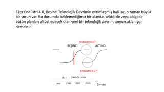 Eğer Endüstri 4.0, Beşinci Teknolojik Devrimin evrimleşmiş hali ise, o zaman büyük
bir sorun var. Bu durumda beklemediğimiz bir alanda, sektörde veya bölgede
bütün planları altüst edecek olan yeni bir teknolojik devrim tomurcuklanıyor
demektir.
 