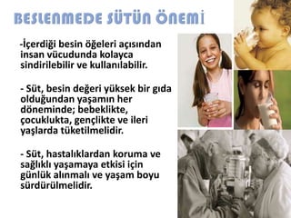 -İçerdiği besin öğeleri açısından
insan vücudunda kolayca
sindirilebilir ve kullanılabilir.

- Süt, besin değeri yüksek bir gıda
olduğundan yaşamın her
döneminde; bebeklikte,
çocuklukta, gençlikte ve ileri
yaşlarda tüketilmelidir.

- Süt, hastalıklardan koruma ve
sağlıklı yaşamaya etkisi için
günlük alınmalı ve yaşam boyu
sürdürülmelidir.
 