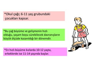 *Okul çağı; 6-11 yaş grubundaki
çocukları kapsar.


*Bu çağ büyüme ve gelişmenin hızlı
olduğu, yaşam boyu sürebilecek davranışların
büyük ölçüde kazanıldığı bir dönemdir.


*En hızlı büyüme kızlarda 10-12 yaşta,
erkeklerde ise 11-14 yaşında başlar.
 