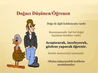 Doğacı Düşünen/Öğrenen
            Doğa ile ilgili koleksiyonu vardır


             Konuşmasında bol bol doğal
               hayattan örnekler vardır

           Araştırarak, inceleyerek,
           gözlem yaparak öğrenir.

             Sınıfın meteoroloji uzmanıdır.

            Okulun bahçesindeki kedilerin
                   sorumlusudur.

                                                 23
 