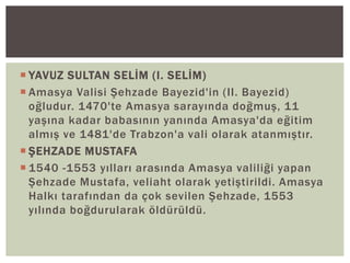  YAVUZ SULTAN SELİM (I. SELİM)
 Amasya Valisi Şehzade Bayezid'in (II. Bayezid)
oğludur. 1470'te Amasya sarayında doğmuş, 11
yaşına kadar babasının yanında Amasya'da eğitim
almış ve 1481'de Trabzon'a vali olarak atanmıştır.
 ŞEHZADE MUSTAFA
 1540 -1553 yılları arasında Amasya valiliği yapan
Şehzade Mustafa, veliaht olarak yetiştirildi. Amasya
Halkı tarafından da çok sevilen Şehzade, 1553
yılında boğdurularak öldürüldü.

 