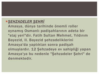 ŞEHZADELER ŞEHRİ
Amasya, dünya tarihinde önemli roller
oynamış Osmanlı padişahlarının adeta bir
"staj yeri"dir. Fatih Sultan Mehmet, Yıldırım
Bayezid, II. Bayezid şehzadeliklerini
Amasya'da yaptıktan sonra padişah
olmuşlardır. 12 Şehzadeye ev sahipliği yapan
Amasya'ya bu nedenle "Şehzadeler Şehri" de
denmektedir.

 
