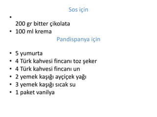 Sos i?in 
? 
200 gr bitter ?ikolata 
? 100 ml krema 
Pandispanya i?in 
? 5 yumurta 
? 4 Trk kahvesi fincan? toz ?eker 
? 4 Trk kahvesi fincan? un 
? 2 yemek ka???? ay?i?ek ya?? 
? 3 yemek ka???? s?cak su 
? 1 paket vanilya 
 
