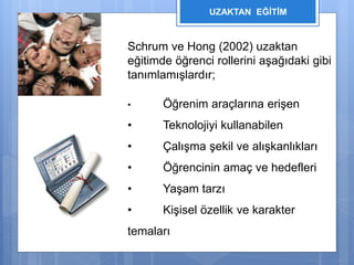 UZAKTAN EĞİTİM 
Schrum ve Hong (2002) uzaktan 
eğitimde öğrenci rollerini aşağıdaki gibi 
tanımlamışlardır; 
• Öğrenim araçlarına erişen 
• Teknolojiyi kullanabilen 
• Çalışma şekil ve alışkanlıkları 
• Öğrencinin amaç ve hedefleri 
• Yaşam tarzı 
• Kişisel özellik ve karakter 
temaları 
 