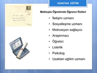 UZAKTAN EĞİTİM 
Mektupla Öğretimde Öğrenci Rolleri 
• İletişim uzmanı 
• Sosyalleşme uzmanı 
• Motivasyon sağlayıcı 
• Araştırmacı 
• Öğretici 
• Liderlik 
• Psikolog 
• Uzaktan eğitim uzmanı 
 