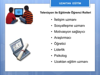 UZAKTAN EĞİTİM 
Televizyon ile Eğitimde Öğrenci Rolleri 
• İletişim uzmanı 
• Sosyalleşme uzmanı 
• Motivasyon sağlayıcı 
• Araştırmacı 
• Öğretici 
• Liderlik 
• Psikolog 
• Uzaktan eğitim uzmanı 
 