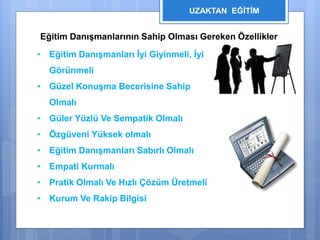 UZAKTAN EĞİTİM 
Eğitim Danışmanlarının Sahip Olması Gereken Özellikler 
• Eğitim Danışmanları İyi Giyinmeli, İyi 
Görünmeli 
• Güzel Konuşma Becerisine Sahip 
Olmalı 
• Güler Yüzlü Ve Sempatik Olmalı 
• Özgüveni Yüksek olmalı 
• Eğitim Danışmanları Sabırlı Olmalı 
• Empati Kurmalı 
• Pratik Olmalı Ve Hızlı Çözüm Üretmeli 
• Kurum Ve Rakip Bilgisi 
 