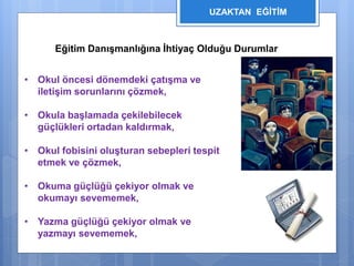 UZAKTAN EĞİTİM 
Eğitim Danışmanlığına İhtiyaç Olduğu Durumlar 
• Okul öncesi dönemdeki çatışma ve 
iletişim sorunlarını çözmek, 
• Okula başlamada çekilebilecek 
güçlükleri ortadan kaldırmak, 
• Okul fobisini oluşturan sebepleri tespit 
etmek ve çözmek, 
• Okuma güçlüğü çekiyor olmak ve 
okumayı sevememek, 
• Yazma güçlüğü çekiyor olmak ve 
yazmayı sevememek, 
 