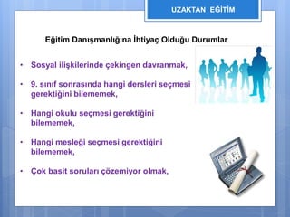 UZAKTAN EĞİTİM 
Eğitim Danışmanlığına İhtiyaç Olduğu Durumlar 
• Sosyal ilişkilerinde çekingen davranmak, 
• 9. sınıf sonrasında hangi dersleri seçmesi 
gerektiğini bilememek, 
• Hangi okulu seçmesi gerektiğini 
bilememek, 
• Hangi mesleği seçmesi gerektiğini 
bilememek, 
• Çok basit soruları çözemiyor olmak, 
 