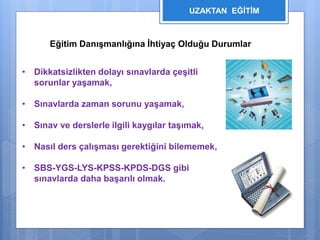 UZAKTAN EĞİTİM 
Eğitim Danışmanlığına İhtiyaç Olduğu Durumlar 
• Dikkatsizlikten dolayı sınavlarda çeşitli 
sorunlar yaşamak, 
• Sınavlarda zaman sorunu yaşamak, 
• Sınav ve derslerle ilgili kaygılar taşımak, 
• Nasıl ders çalışması gerektiğini bilememek, 
• SBS-YGS-LYS-KPSS-KPDS-DGS gibi 
sınavlarda daha başarılı olmak. 
 