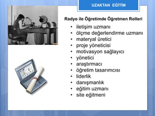UZAKTAN EĞİTİM 
Radyo ile Öğretimde Öğretmen Rolleri 
• iletişim uzmanı 
• ölçme değerlendirme uzmanı 
• materyal üretici 
• proje yöneticisi 
• motivasyon sağlayıcı 
• yönetici 
• araştırmacı 
• öğretim tasarımcısı 
• liderlik 
• danışmanlık 
• eğitim uzmanı 
• site eğitmeni 
 