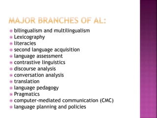  bilingualism and multilingualism
 Lexicography
 literacies
 second language acquisition
 language assessment
 contrastive linguistics
 discourse analysis
 conversation analysis
 translation
 language pedagogy
 Pragmatics
 computer-mediated communication (CMC)
 language planning and policies
 