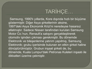 Samsung, 1990'lı yıllarda, Kore dışında hızlı bir büyüme 
göstermiştir. Diğer Asya şirketlerinin aksine, 
1997'deki Asya Ekonomik Krizi'ni neredeyse hasarsız 
atlatmıştır. Sadece Nissan tarafından kurulan Samsung 
Motor Co.'nun, Renault'a satışını gerçekleştirerek 
otomotiv işinden çıkması gerekmiştir. Bu dönemde 
Elektronik ve bileşenlerine yatırım yapılmış, Samsung 
Elektronik; grubu içerisinde bulunan en etkin şirket haline 
dönüştürülmüştür. Grubun inşaat şirketi de, bu 
dönemde, Kuala Lumpur'daki Petronas Kuleleri inşaatı ile 
dikkatleri üzerine çekmiştir. 
 