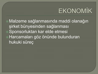  Malzeme sağlanmasında maddi olanağın 
şirket bünyesinden sağlanması 
Sponsorluktan kar elde etmesi 
 Harcamaları göz önünde bulunduran 
hukuki süreç 
 