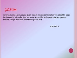 ÇÖZÜM:
Akyuvarların görevi vücuda giren zararlı mikroorganizmaları yok etmektir. Bazı
hastalıklarda mikroplar lenf bezlerine yerleşirler ve burada akyuvar yapımı
hızlanır. Bu yüzden lenf bezlerinde şişme olur.


                                                       CEVAP: A
 