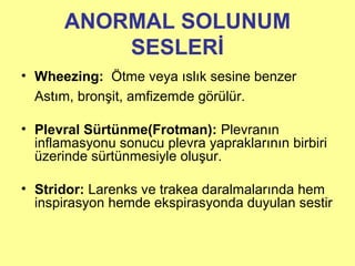 ANORMAL SOLUNUM
SESLERİ
• Wheezing: Ötme veya ıslık sesine benzer
Astım, bronşit, amfizemde görülür.
• Plevral Sürtünme(Frotman): Plevranın
inflamasyonu sonucu plevra yapraklarının birbiri
üzerinde sürtünmesiyle oluşur.
• Stridor: Larenks ve trakea daralmalarında hem
inspirasyon hemde ekspirasyonda duyulan sestir
 