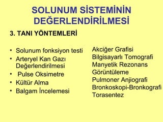 SOLUNUM SİSTEMİNİN
DEĞERLENDİRİLMESİ
3. TANI YÖNTEMLERİ
• Solunum fonksiyon testi
• Arteryel Kan Gazı
Değerlendirilmesi
• Pulse Oksimetre
• Kültür Alma
• Balgam İncelemesi
Akciğer Grafisi
Bilgisayarlı Tomografi
Manyetik Rezonans
Görüntüleme
Pulmoner Anjiografi
Bronkoskopi-Bronkografi
Torasentez
 