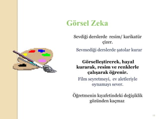 Görsel Zeka
 Sevdiği derslerde resim/ karikatür
                çizer.
  Sevmediği derslerde şatolar kurar

    Görselleştirerek, hayal
  kurarak, resim ve renklerle
      çalışarak öğrenir.
   Film seyretmeyi, ev aletleriyle
          oynamayı sever.

 Öğretmenin kıyafetindeki değişiklik
        gözünden kaçmaz.


                                       10
 
