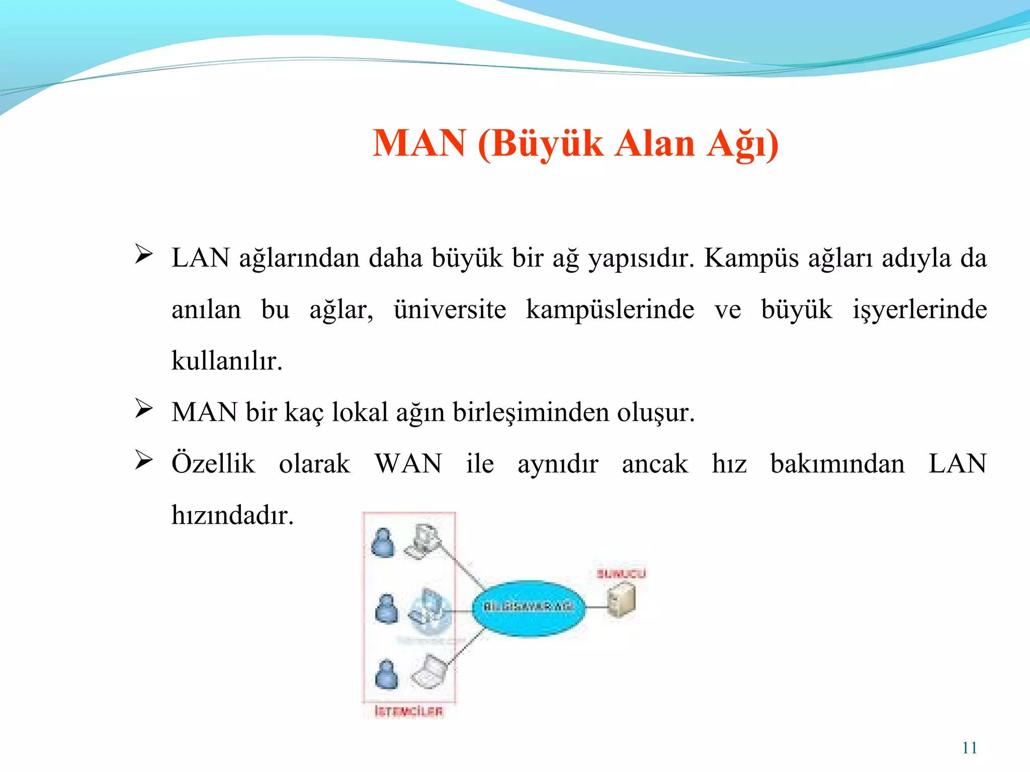 11
MAN (Büyük Alan Ağı)
 LAN ağlarından daha büyük bir ağ yapısıdır. Kampüs ağları adıyla da
anılan bu ağlar, üniversite kampüslerinde ve büyük işyerlerinde
kullanılır.
 MAN bir kaç lokal ağın birleşiminden oluşur.
 Özellik olarak WAN ile aynıdır ancak hız bakımından LAN
hızındadır.
 
