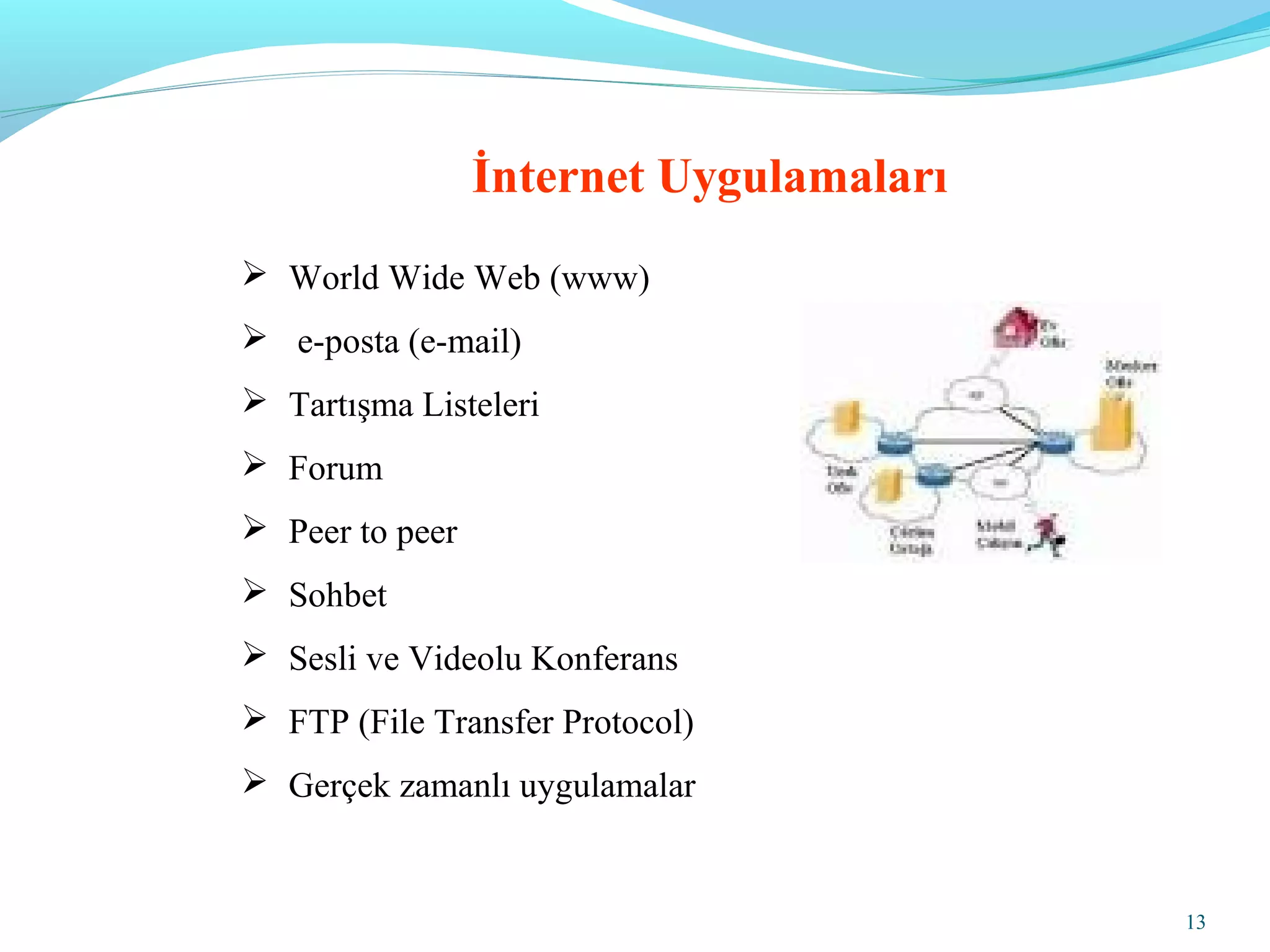 13
İnternet Uygulamaları
 World Wide Web (www)
 e-posta (e-mail)
 Tartışma Listeleri
 Forum
 Peer to peer
 Sohbet
 Sesli ve Videolu Konferans
 FTP (File Transfer Protocol)
 Gerçek zamanlı uygulamalar
 