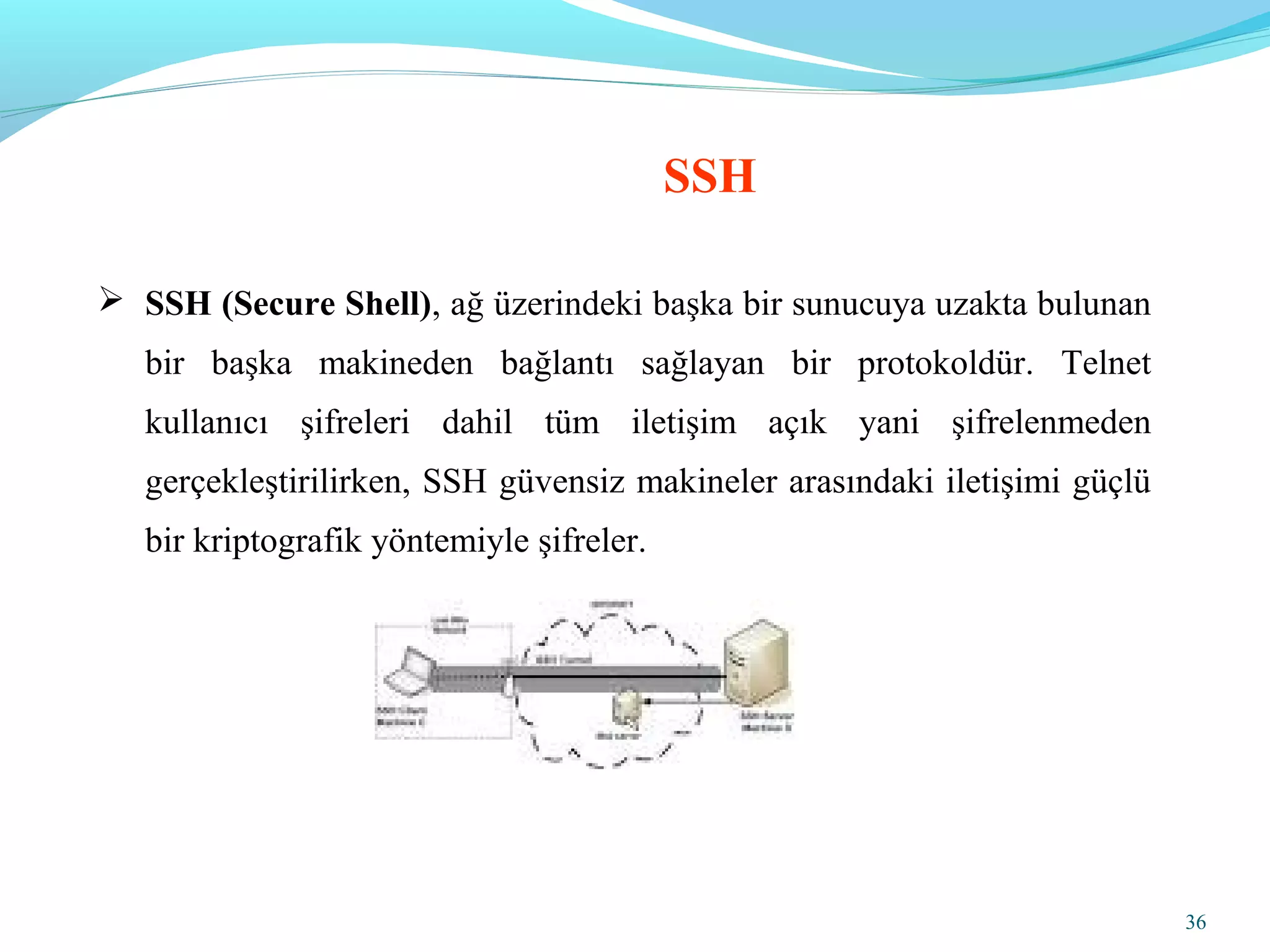 36
 SSH (Secure Shell), ağ üzerindeki başka bir sunucuya uzakta bulunan
bir başka makineden bağlantı sağlayan bir protokoldür. Telnet
kullanıcı şifreleri dahil tüm iletişim açık yani şifrelenmeden
gerçekleştirilirken, SSH güvensiz makineler arasındaki iletişimi güçlü
bir kriptografik yöntemiyle şifreler.
SSH
 