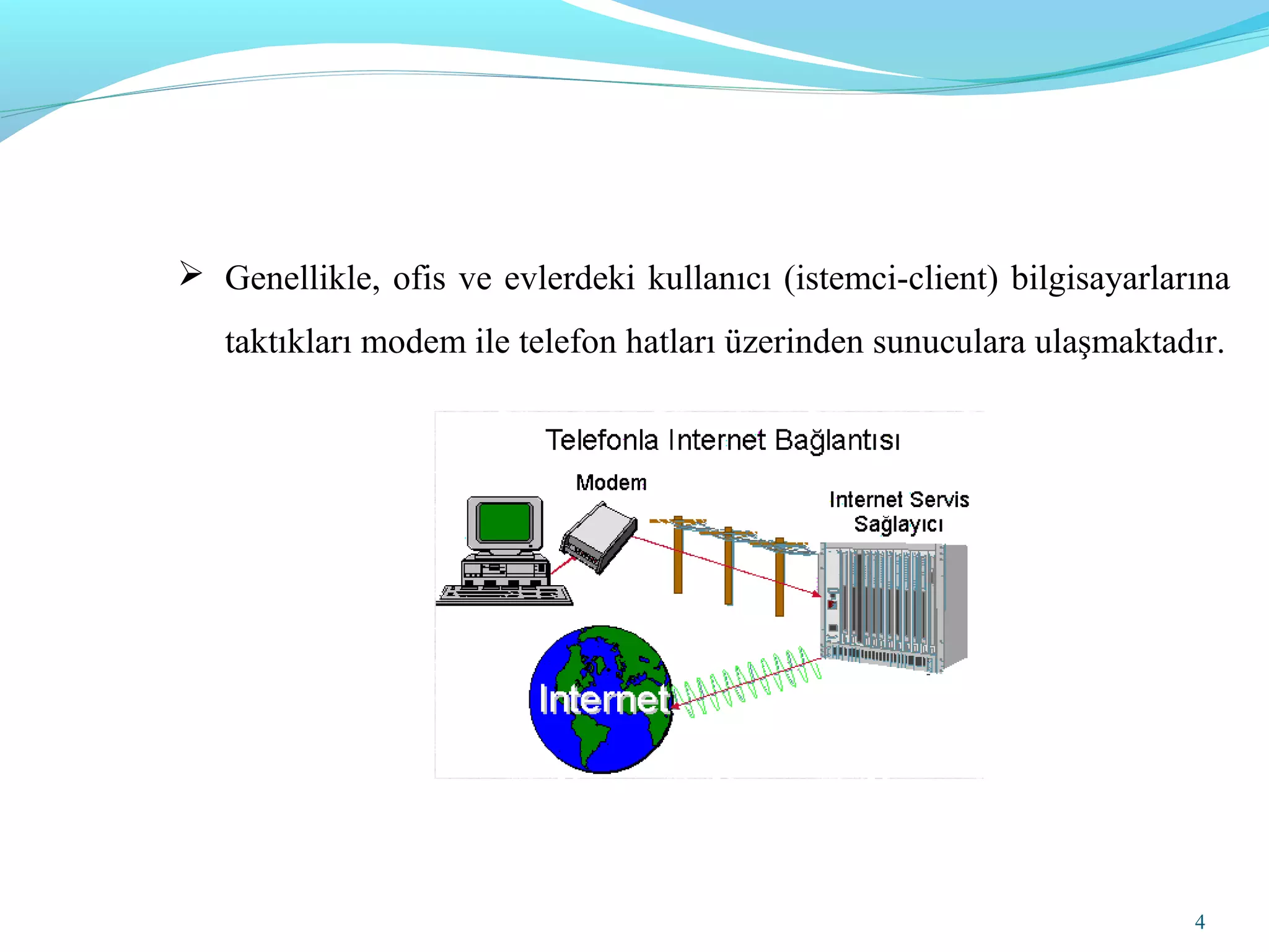 4
 Genellikle, ofis ve evlerdeki kullanıcı (istemci-client) bilgisayarlarına
taktıkları modem ile telefon hatları üzerinden sunuculara ulaşmaktadır.
 