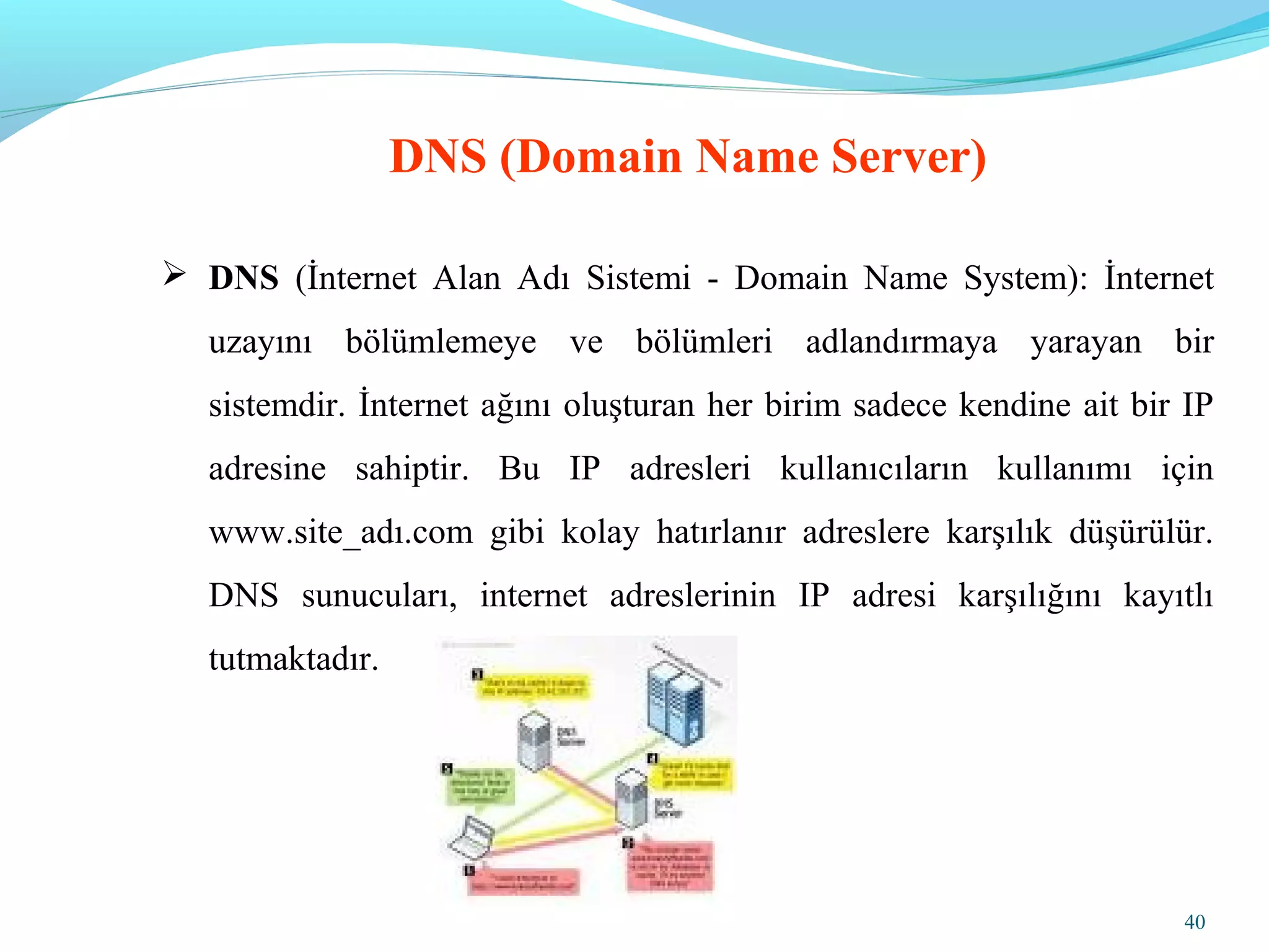 40
 DNS (İnternet Alan Adı Sistemi - Domain Name System): İnternet
uzayını bölümlemeye ve bölümleri adlandırmaya yarayan bir
sistemdir. İnternet ağını oluşturan her birim sadece kendine ait bir IP
adresine sahiptir. Bu IP adresleri kullanıcıların kullanımı için
www.site_adı.com gibi kolay hatırlanır adreslere karşılık düşürülür.
DNS sunucuları, internet adreslerinin IP adresi karşılığını kayıtlı
tutmaktadır.
DNS (Domain Name Server)
 